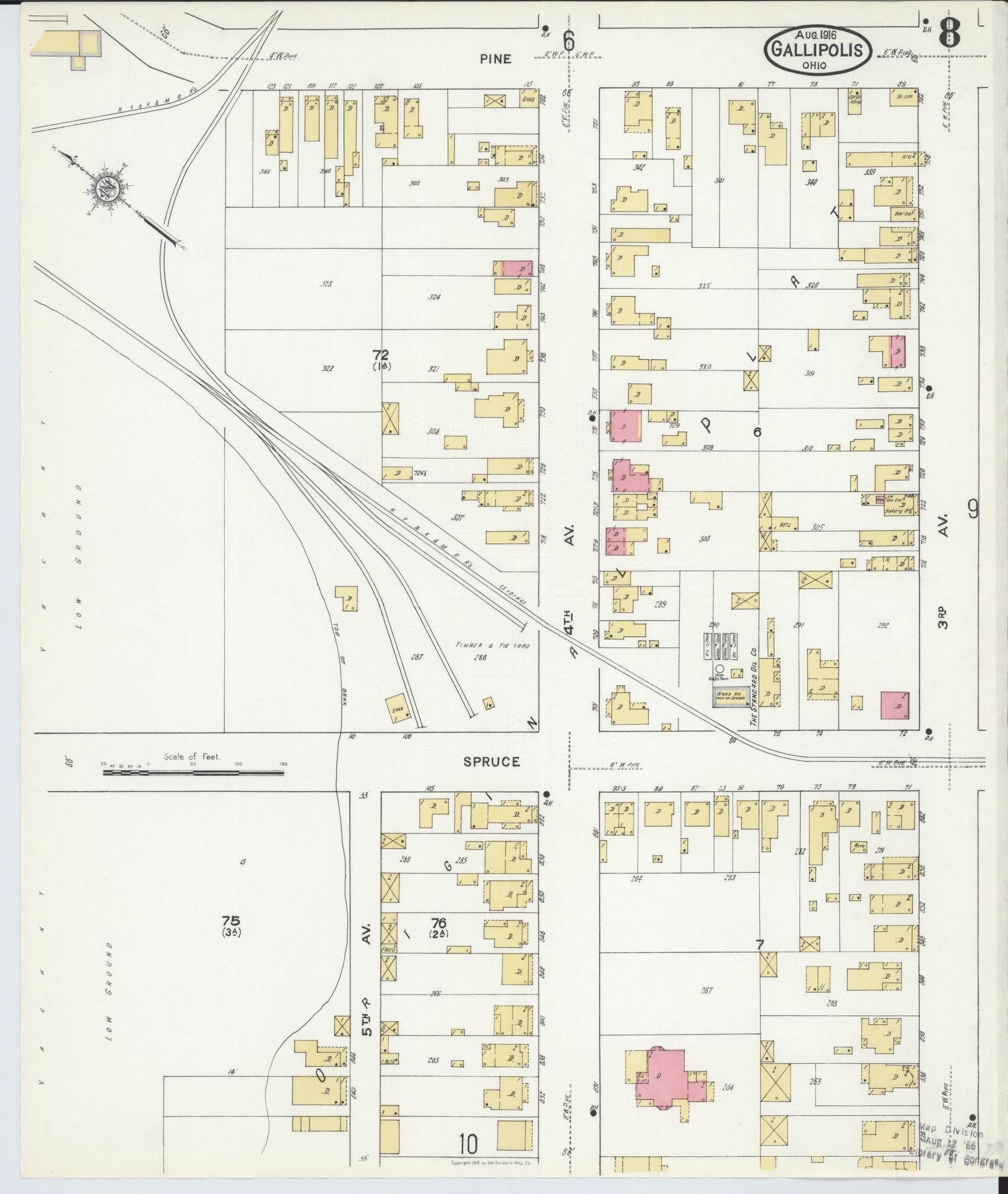 Sanborn Fire Insurance Map from Gallipolis, Gallia County, Ohio (1916), Sheet #0008 - Historic Sanborn Fire Insurance Map Print, vintage old map wall art, antique decor, genealogy gift, Ohio Ohio map