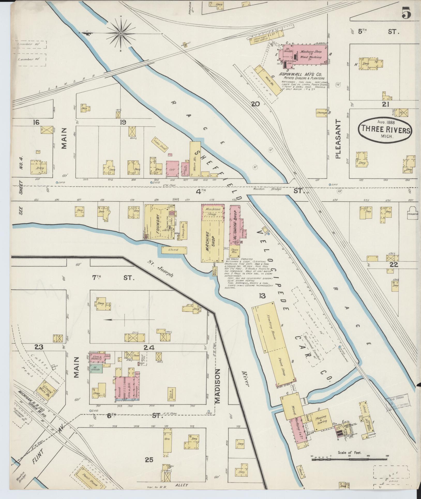Sanborn Fire Insurance Map from Three Rivers, Saint Joseph County, Michigan (1888), Sheet #0005 - Historic Sanborn Fire Insurance Map Print, vintage old map wall art, antique decor, genealogy gift, Michigan Michigan map