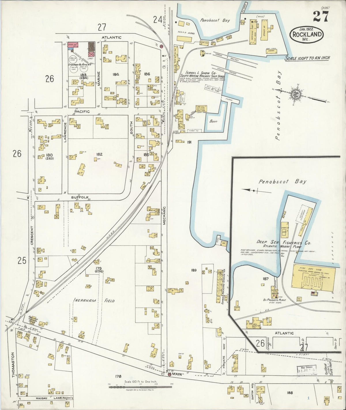 Sanborn Fire Insurance Map from Rockland, Knox County, Maine (1922), Sheet #0027 - Complete Map Set gallery image, historic Sanborn map, vintage wall art, Maine Maine