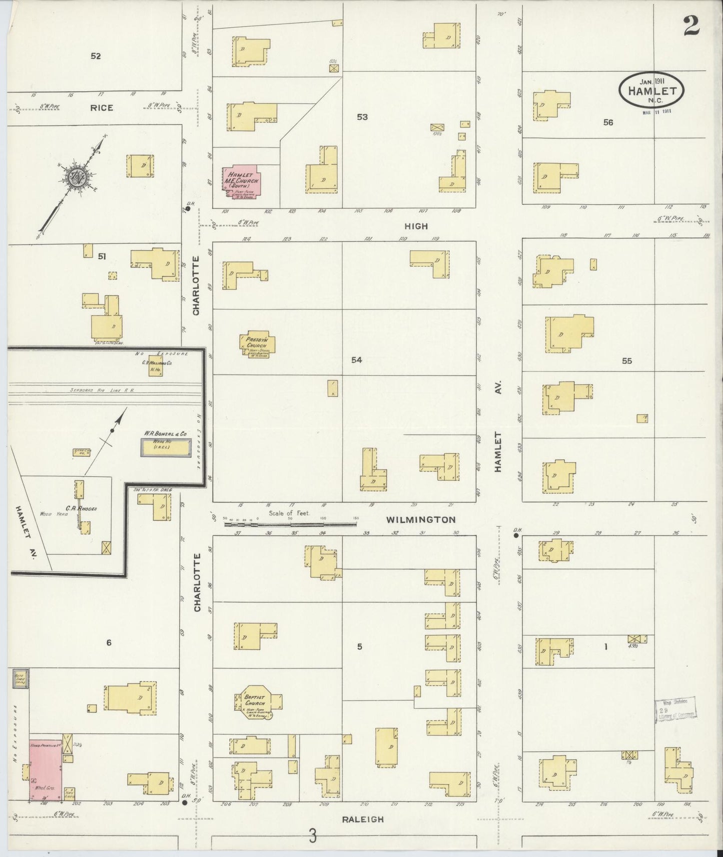 Sanborn Fire Insurance Map from Hamlet, Richmond County, North Carolina (1911), Sheet #0002 - Complete Map Set gallery image, historic Sanborn map, vintage wall art, North Carolina North Carolina