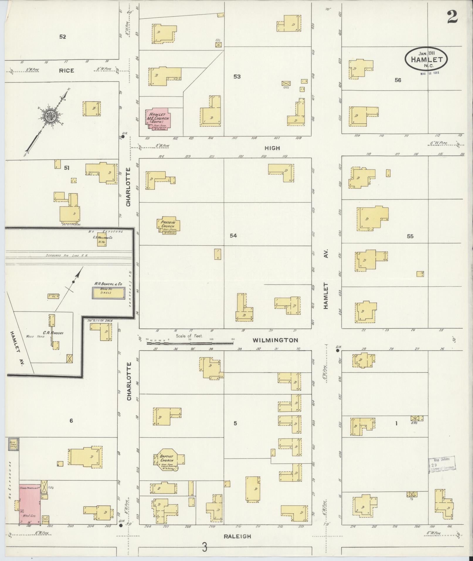 Sanborn Fire Insurance Map from Hamlet, Richmond County, North Carolina (1911), Sheet #0002 - Complete Map Set gallery image, historic Sanborn map, vintage wall art, North Carolina North Carolina