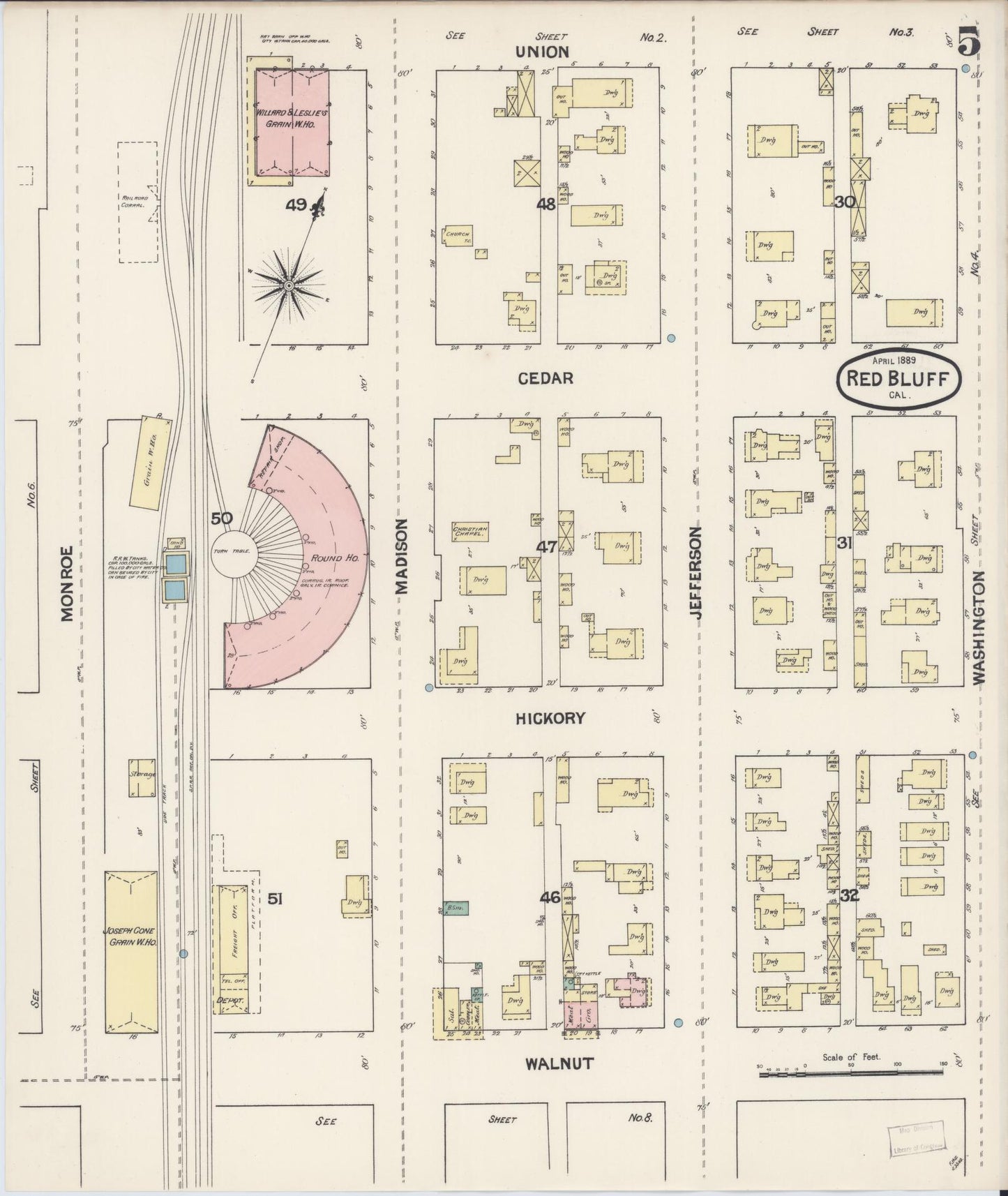 Sanborn Fire Insurance Map from Red Bluff, Tehama County, California (1889), Sheet #0005 - Complete Map Set gallery image, historic Sanborn map, vintage wall art, California California