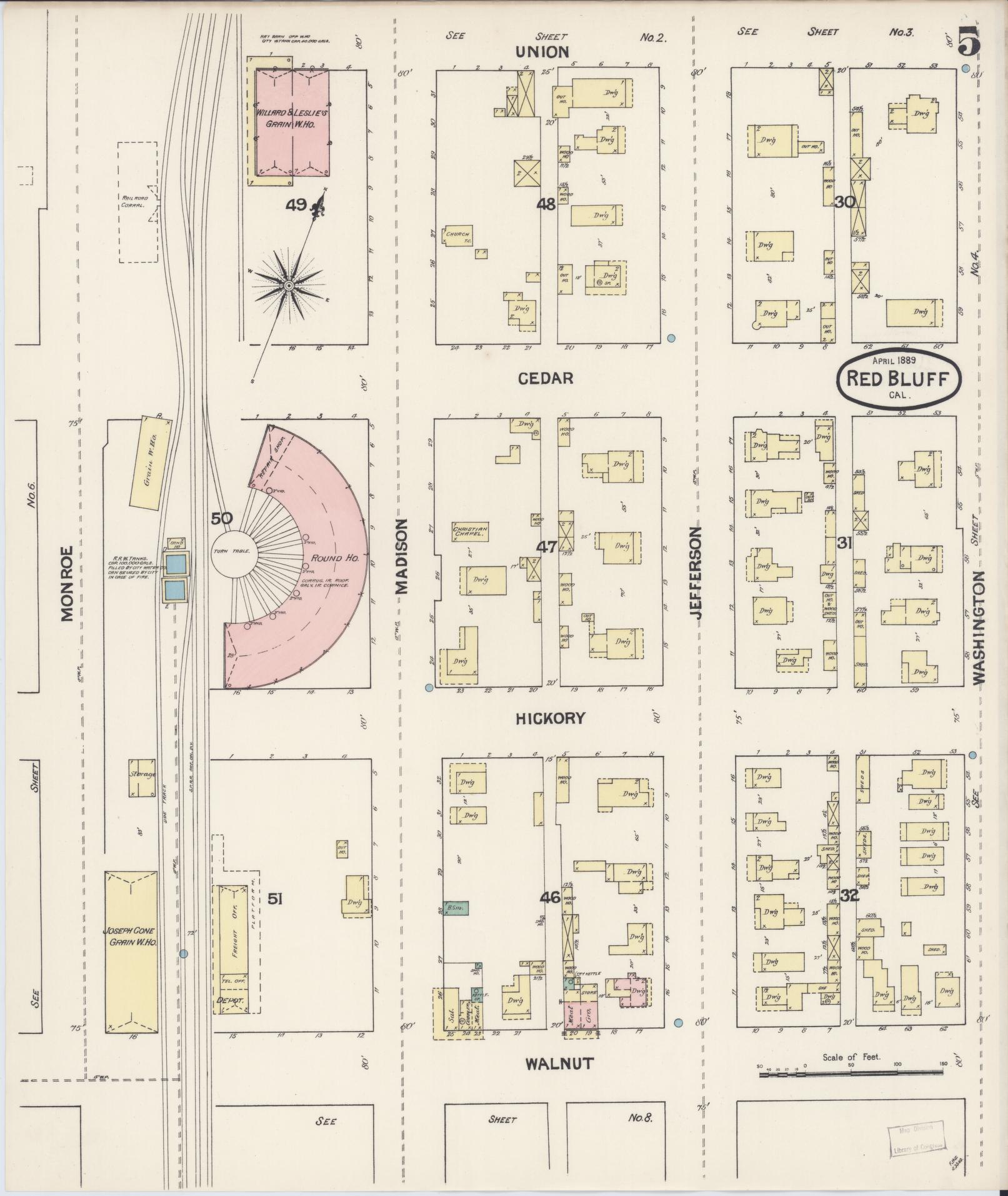 Sanborn Fire Insurance Map from Red Bluff, Tehama County, California (1889), Sheet #0005 - Complete Map Set gallery image, historic Sanborn map, vintage wall art, California California