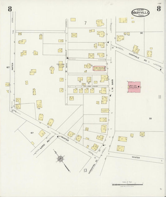 Sanborn Fire Insurance Map from Maryville, Blount County, Tennessee (1925), Sheet #0008 - Historic Sanborn Fire Insurance Map Print, vintage old map wall art, antique decor, genealogy gift, Tennessee Tennessee map