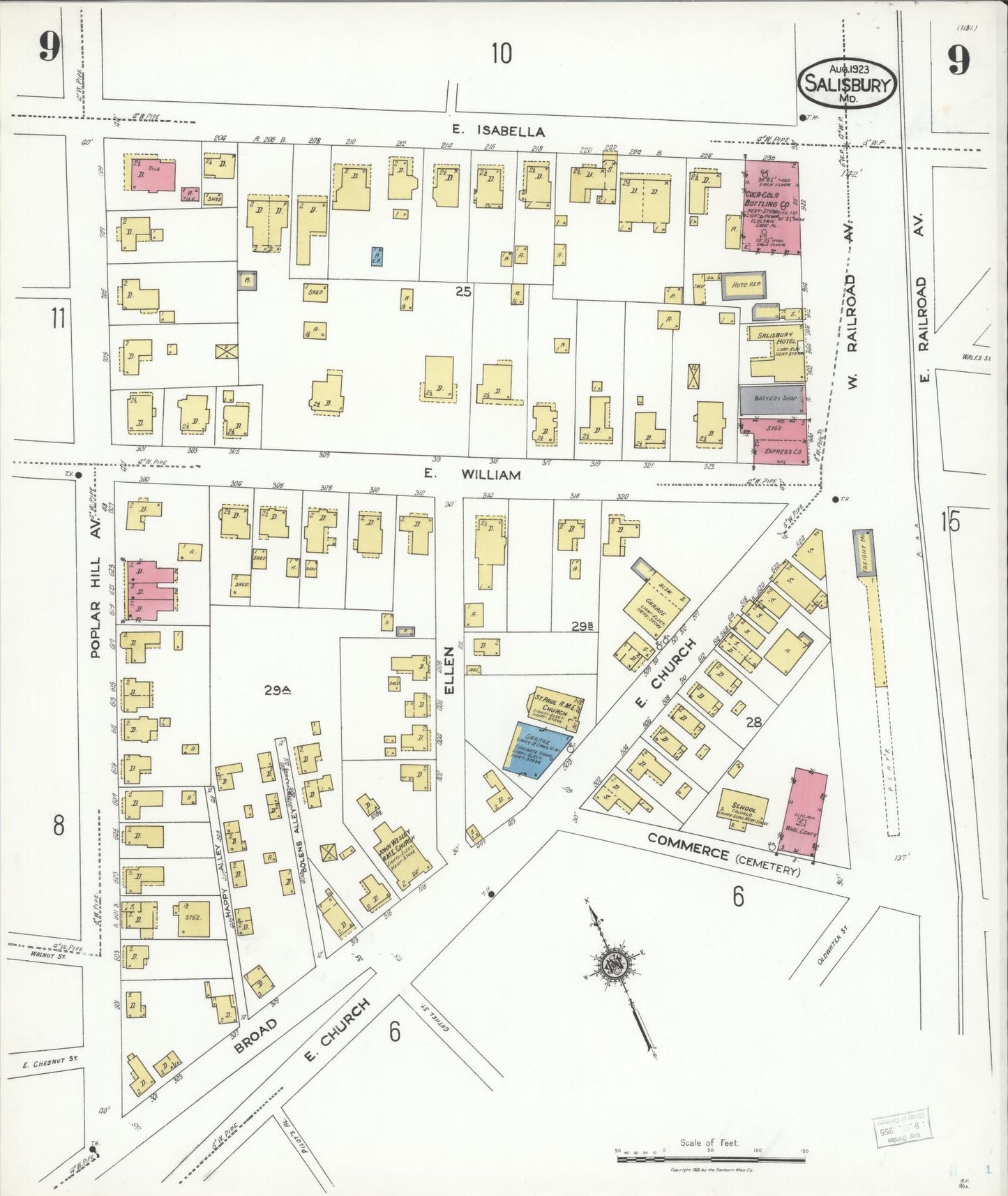 Sanborn Fire Insurance Map from Salisbury, Wicomico County, Maryland (1923), Sheet #0009 - Historic Sanborn Fire Insurance Map Print, vintage old map wall art