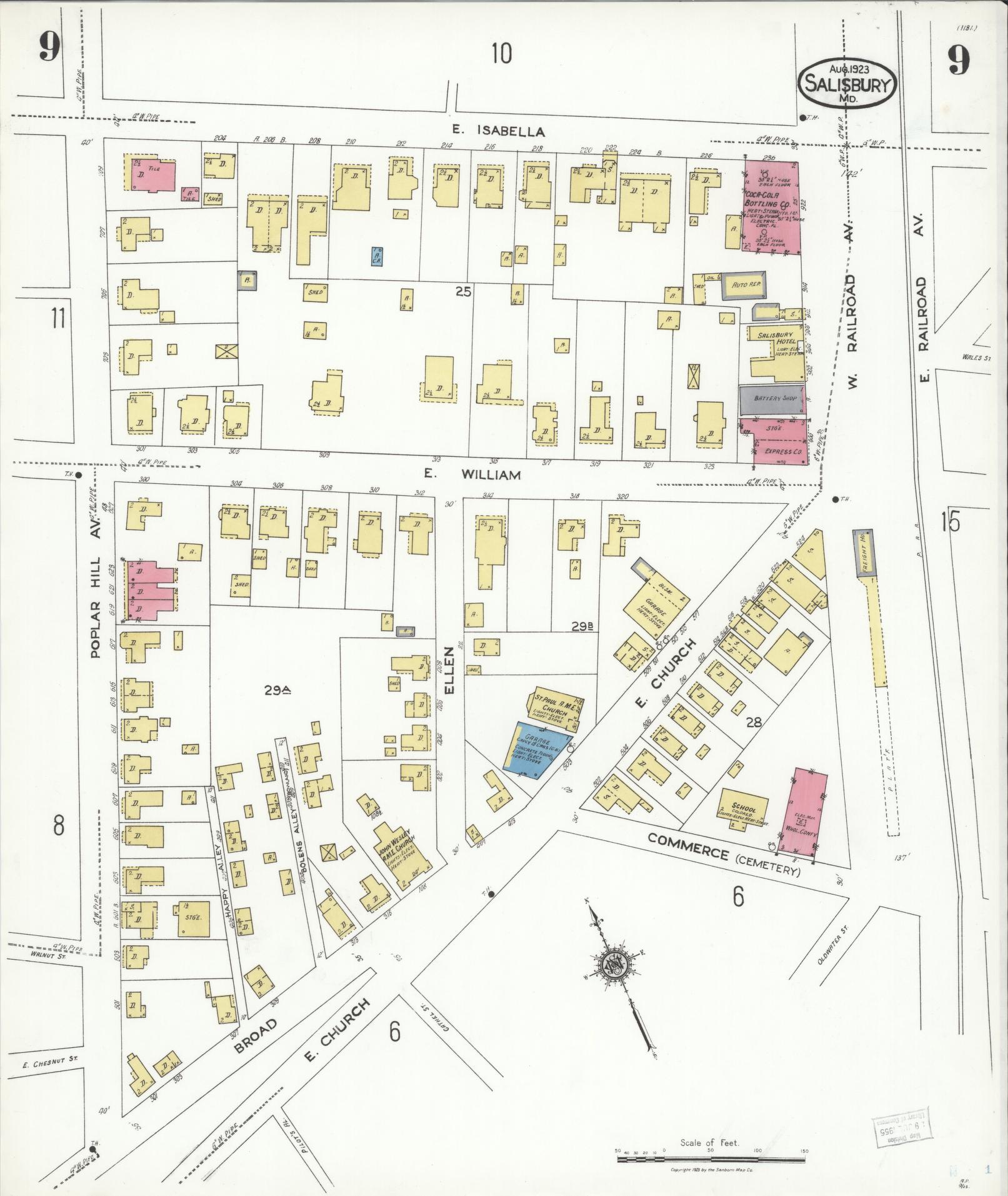 Sanborn Fire Insurance Map from Salisbury, Wicomico County, Maryland (1923), Sheet #0009 - Historic Sanborn Fire Insurance Map Print, vintage old map wall art
