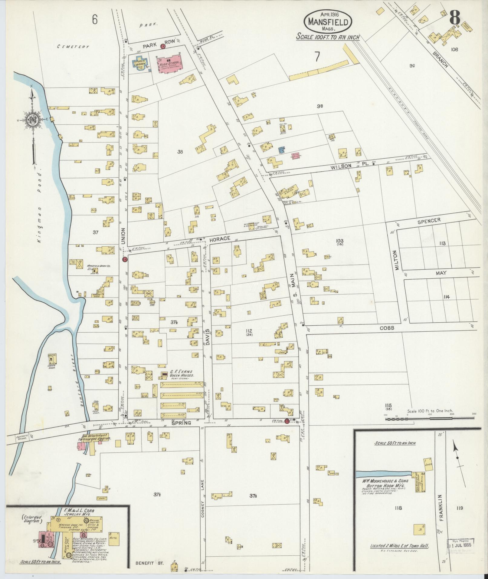Sanborn Fire Insurance Map from Mansfield, Bristol County, Massachusetts (1916), Sheet #0008 - Historic Sanborn Fire Insurance Map Print, vintage old map wall art, antique decor, genealogy gift, Massachusetts Massachusetts map