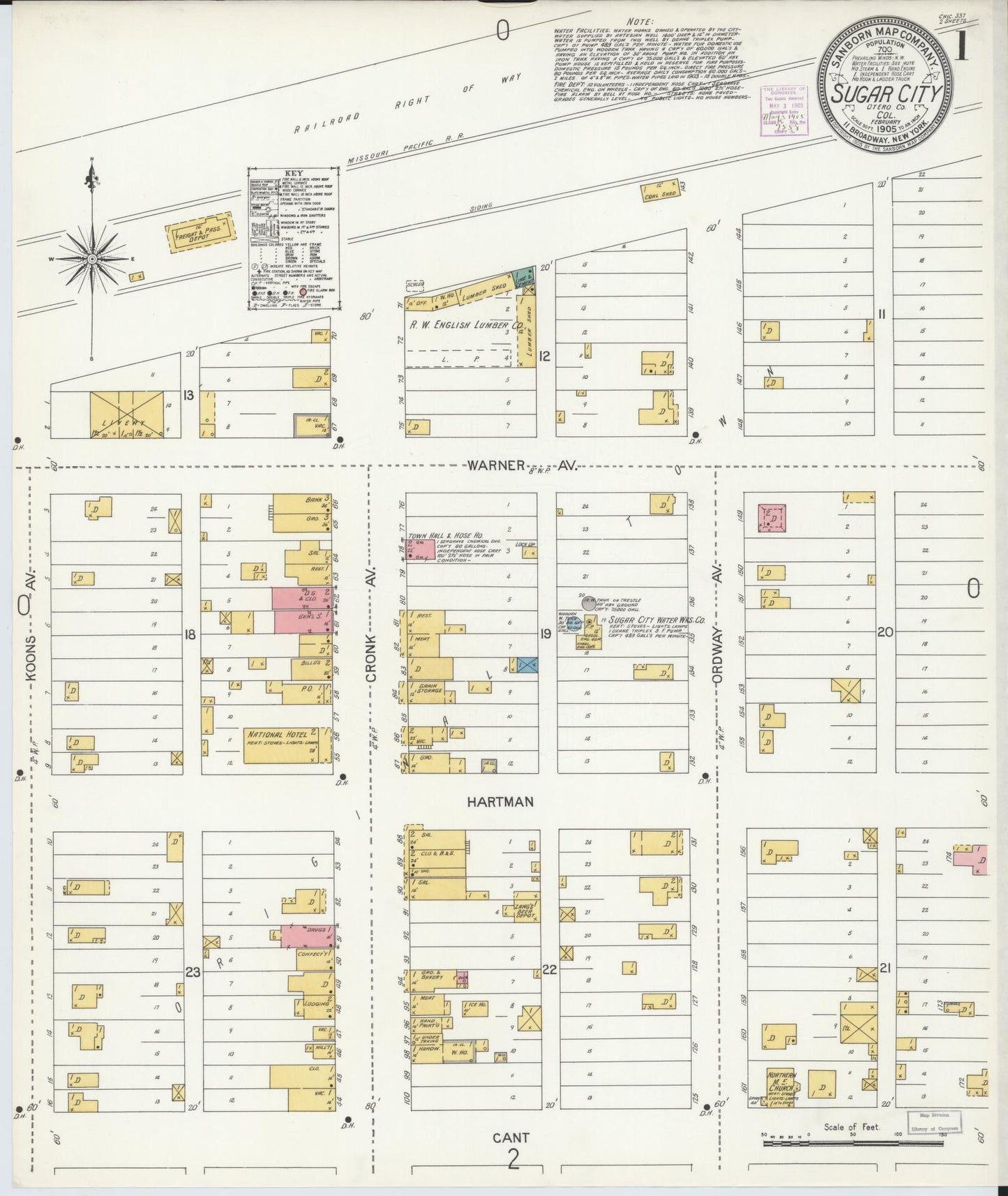 Sanborn Fire Insurance Map from Sugar City, Crowley County, Colorado (1905), Sheet #0001 - Historic Sanborn Fire Insurance Map Print, vintage old map wall art, antique decor, genealogy gift, Colorado Colorado map
