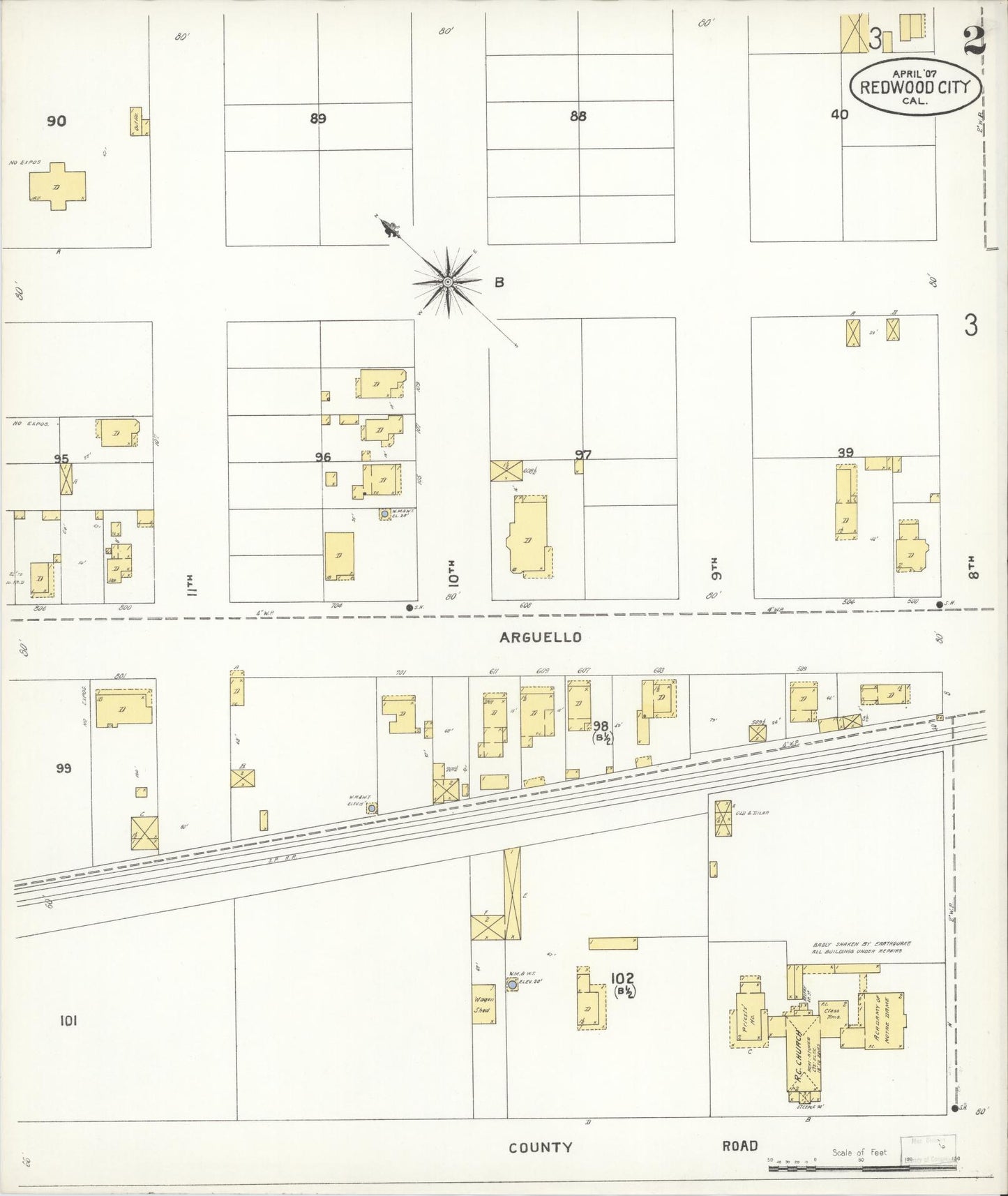 Sanborn Fire Insurance Map from Redwood City, San Mateo County, California (1907), Sheet #0002 - Complete Map Set gallery image, historic Sanborn map, vintage wall art, California California