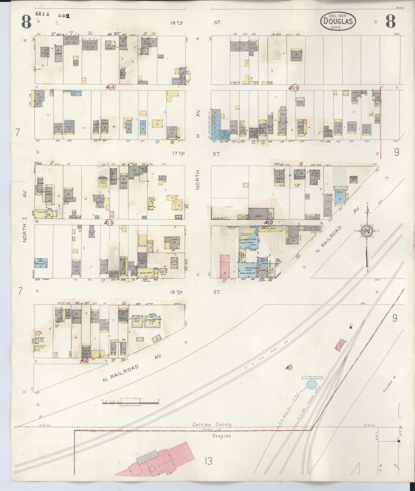 Sanborn Fire Insurance Map from Douglas, Cochise County, Arizona (1947), Sheet #0008 - Complete Map Set gallery image, historic Sanborn map, vintage wall art, Arizona Arizona