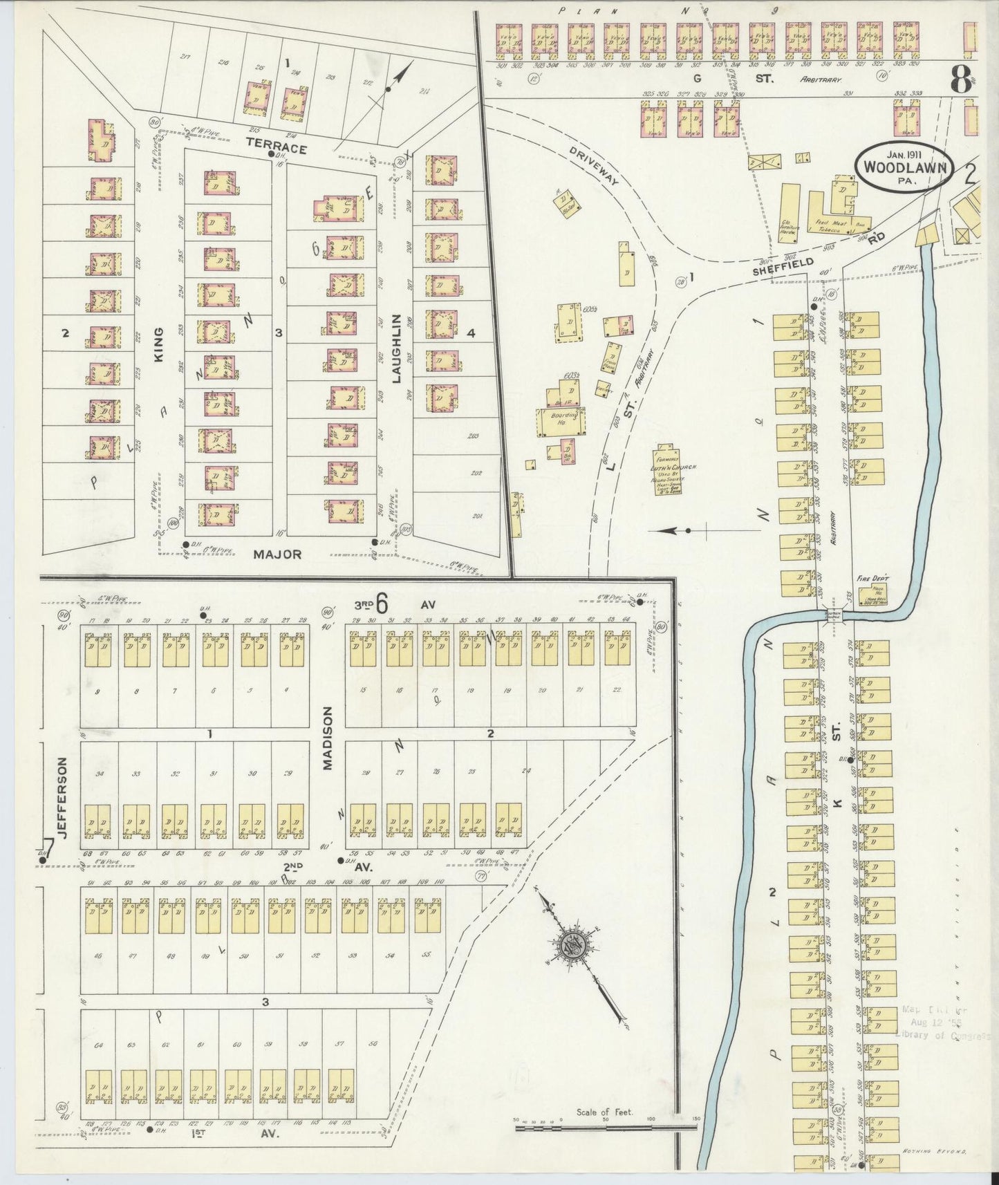Sanborn Fire Insurance Map from Woodlawn, Beaver County, Pennsylvania (1911), Sheet #0008 - Historic Sanborn Fire Insurance Map Print, vintage old map wall art, antique decor, genealogy gift, Pennsylvania Pennsylvania map