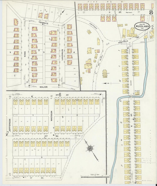 Sanborn Fire Insurance Map from Woodlawn, Beaver County, Pennsylvania (1911), Sheet #0008 - Historic Sanborn Fire Insurance Map Print, vintage old map wall art, antique decor, genealogy gift, Pennsylvania Pennsylvania map