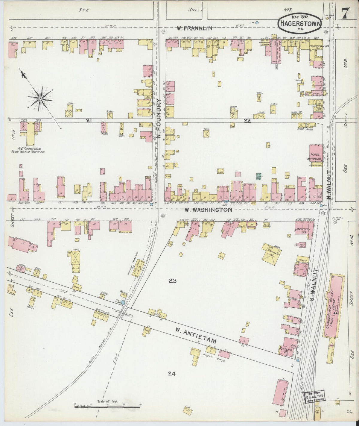 Sanborn Fire Insurance Map from Hagerstown, Washington County, Maryland (1892), Sheet #0007 - Historic Sanborn Fire Insurance Map Print, vintage old map wall art, antique decor, genealogy gift, Maryland Maryland map