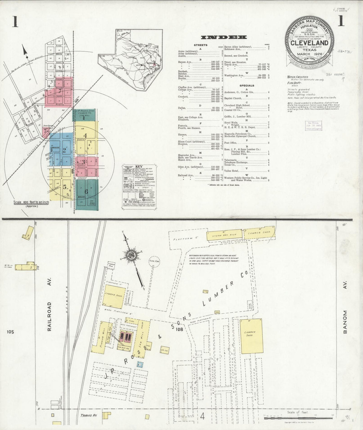 Sanborn Fire Insurance Map from Cleveland, Liberty County, Texas (1926), Sheet #0001 - Historic Sanborn Fire Insurance Map Print, vintage old map wall art, antique decor, genealogy gift, Texas Texas map