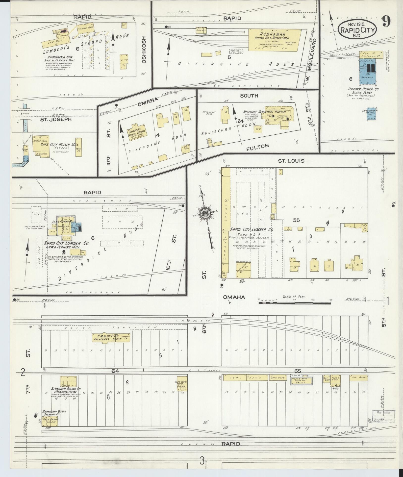 Sanborn Fire Insurance Map from Rapid City, Pennington County, South Dakota (1915), Sheet #0009 - Complete Map Set gallery image, historic Sanborn map, vintage wall art, South Dakota South Dakota