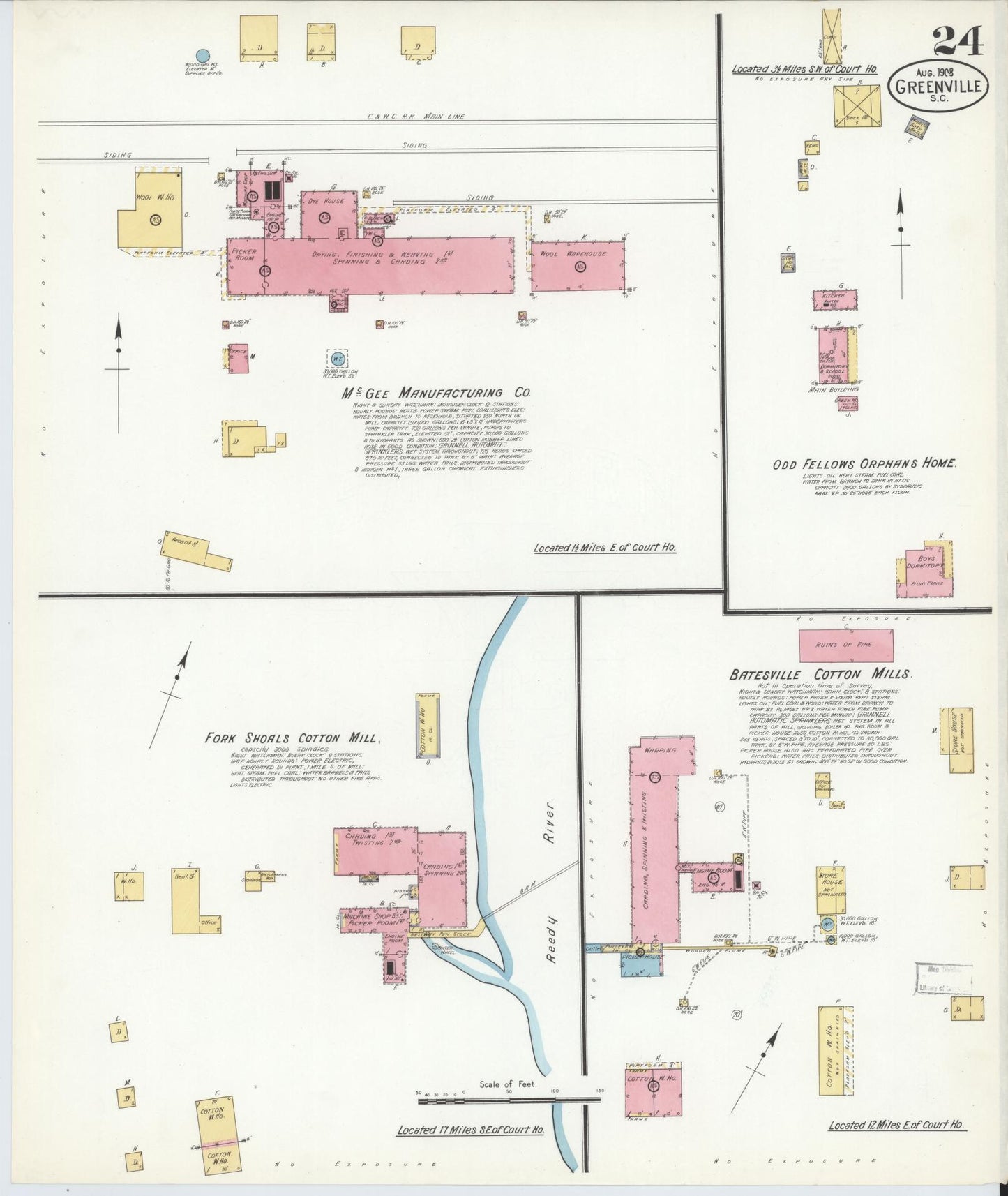 Sanborn Fire Insurance Map from Greenville, Greenville County, South Carolina (1908), Sheet #0024 - Historic Sanborn Fire Insurance Map Print, vintage old map wall art, antique decor, genealogy gift, South Carolina South Carolina map