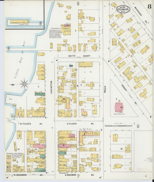 Sanborn Fire Insurance Map from Escanaba, Delta County, Michigan (1899), Sheet #0008 - Historic Sanborn Fire Insurance Map Print, vintage old map wall art, antique decor, genealogy gift, Michigan Michigan map