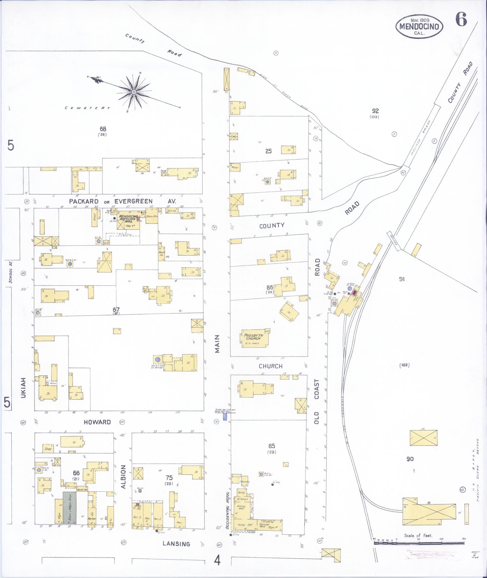 Sanborn Fire Insurance Map from Mendocino, Mendocino County, California (1909), Sheet #0006 - Historic Sanborn Fire Insurance Map Print, vintage old map wall art, antique decor, genealogy gift, California California map
