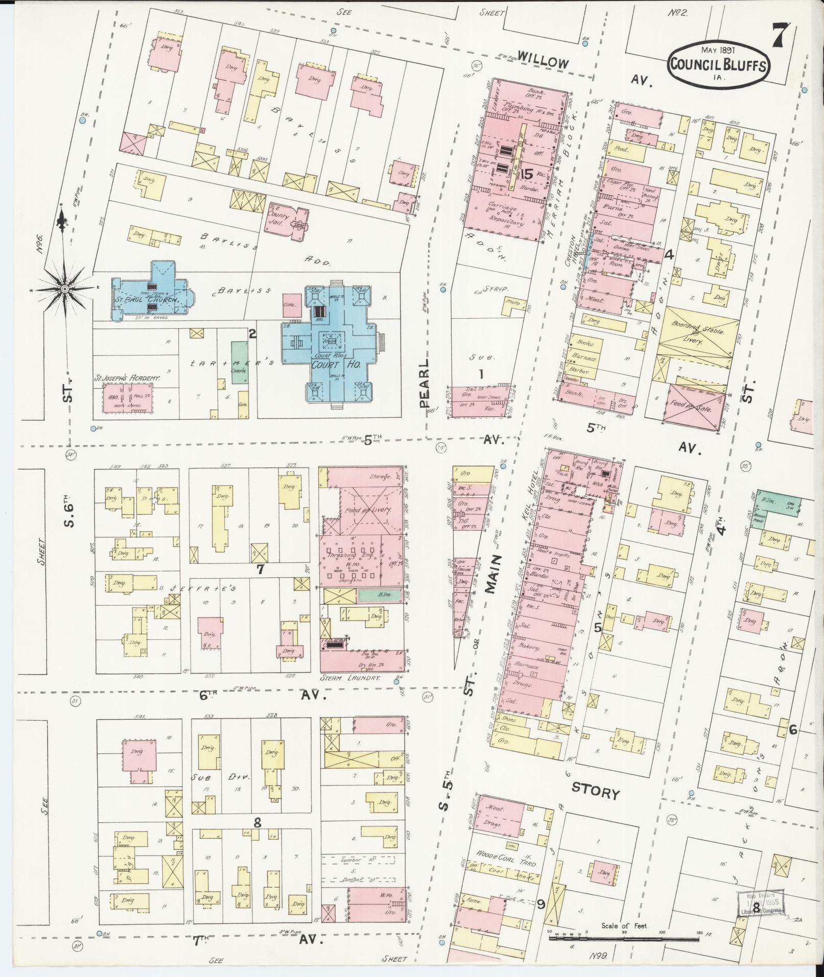Sanborn Fire Insurance Map from Council Bluffs, Pottawattamie County, Iowa (1891), Sheet #0007 - Historic Sanborn Fire Insurance Map Print, vintage old map wall art