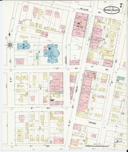 Sanborn Fire Insurance Map from Council Bluffs, Pottawattamie County, Iowa (1891), Sheet #0007 - Historic Sanborn Fire Insurance Map Print, vintage old map wall art