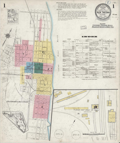 Sanborn Fire Insurance Map from New Smyrna, Valusia County, Florida (1924), Sheet #0001 - Complete Map Set gallery image, historic Sanborn map, vintage wall art, Florida Florida