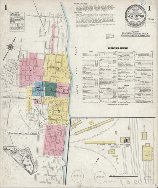 Sanborn Fire Insurance Map from New Smyrna, Valusia County, Florida (1924), Sheet #0001 - Complete Map Set gallery image, historic Sanborn map, vintage wall art, Florida Florida