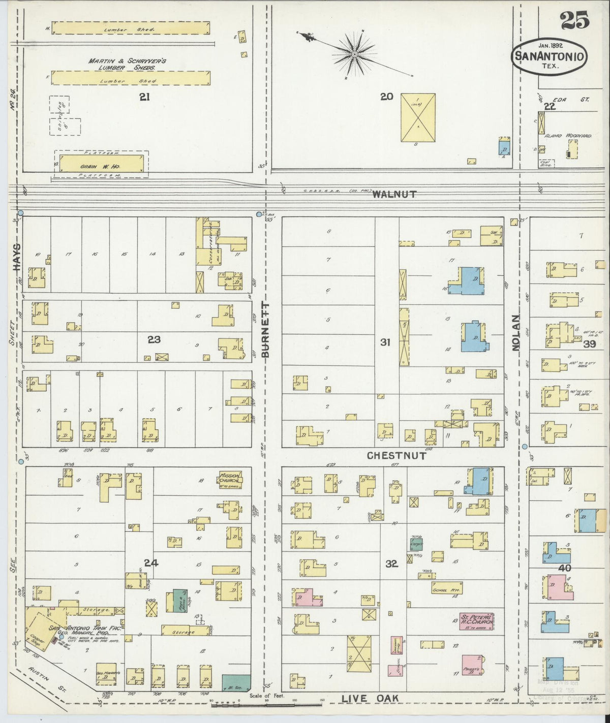 Sanborn Fire Insurance Map from San Antonio, Bexar County, Texas (1892), Sheet #0025 - Complete Map Set gallery image, historic Sanborn map, vintage wall art, Texas Texas