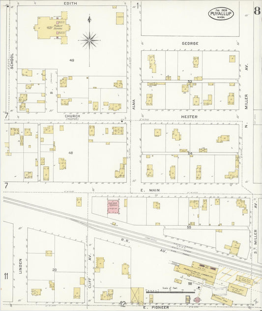 Sanborn Fire Insurance Map from Puyallup, Pierce County, Washington (1909), Sheet #0008 - Historic Sanborn Fire Insurance Map Print, vintage old map wall art, antique decor, genealogy gift, Washington Washington map