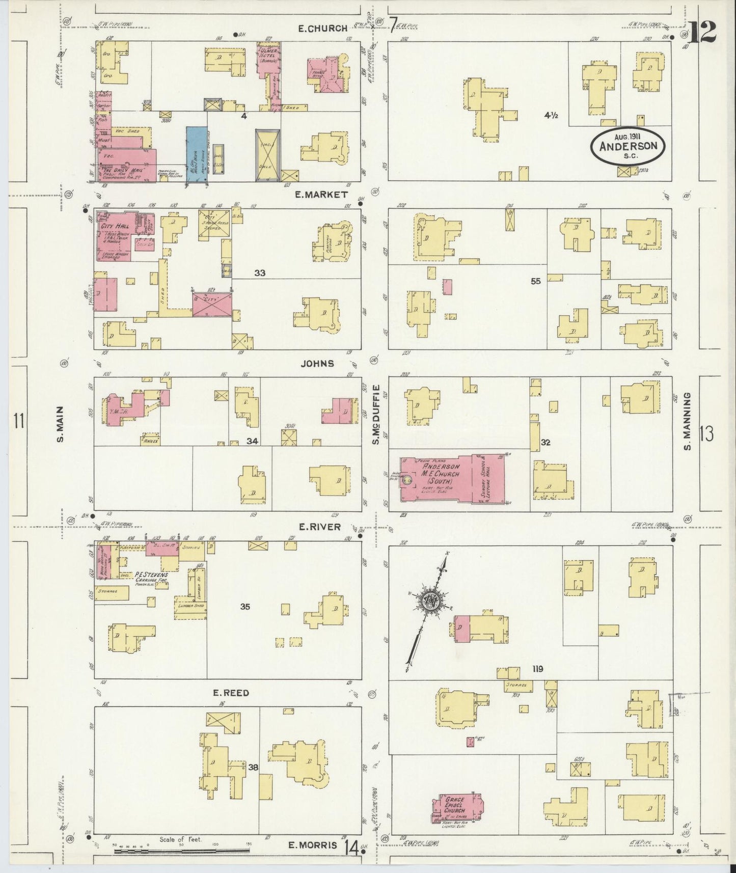 Sanborn Fire Insurance Map from Anderson, Anderson County, South Carolina (1911), Sheet #0012 - Historic Sanborn Fire Insurance Map Print, vintage old map wall art, antique decor, genealogy gift, South Carolina South Carolina map