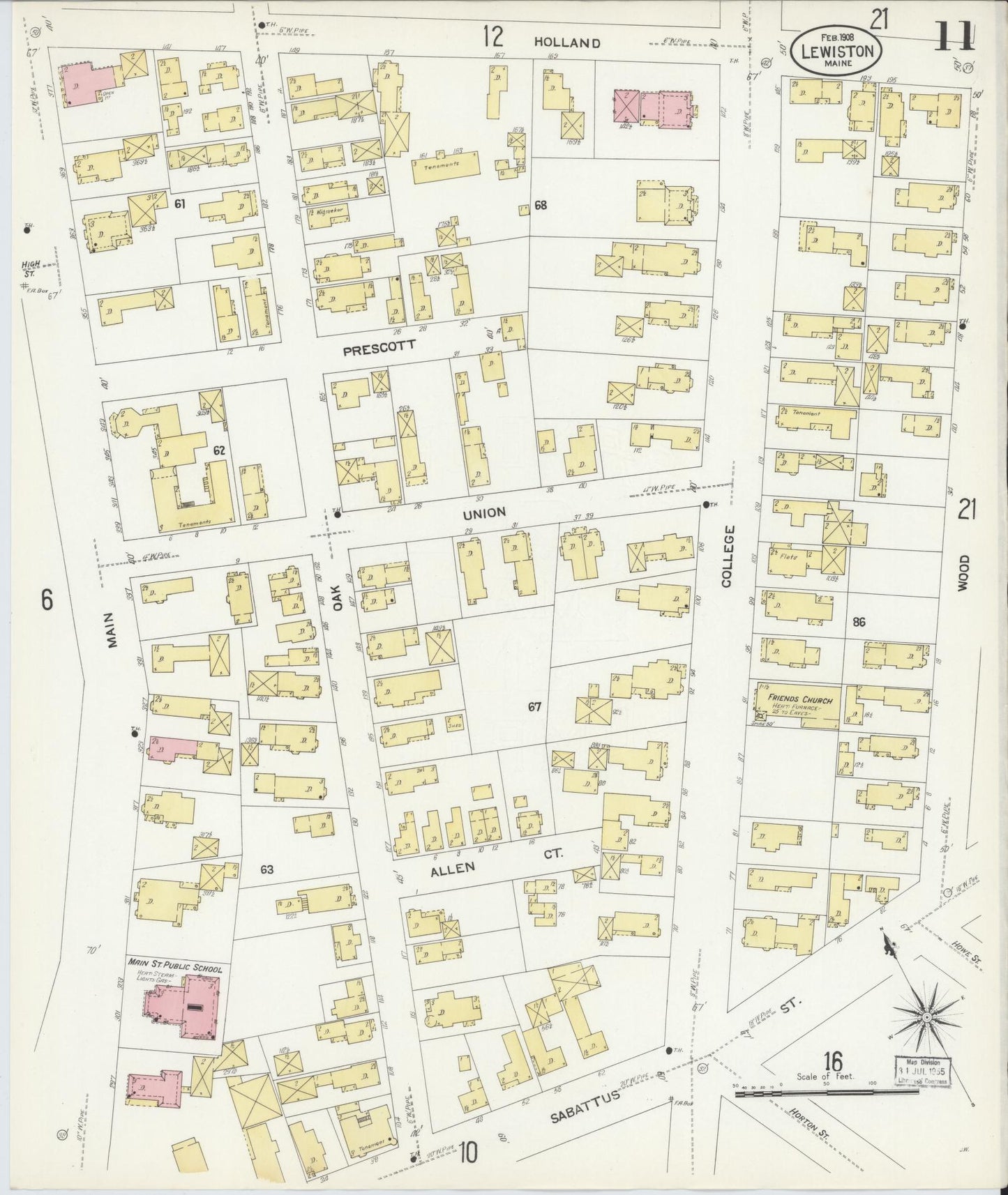 Sanborn Fire Insurance Map from Lewiston, Androscoggin County, Maine (1908), Sheet #0011 - Complete Map Set gallery image, historic Sanborn map, vintage wall art, Maine Maine
