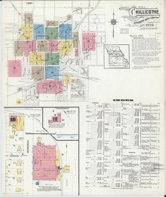 Sanborn Fire Insurance Map from Chillicothe, Livingston County, Missouri (1916), Sheet #0001 - Historic Sanborn Fire Insurance Map Print, vintage old map wall art, antique decor, genealogy gift, Missouri Missouri map