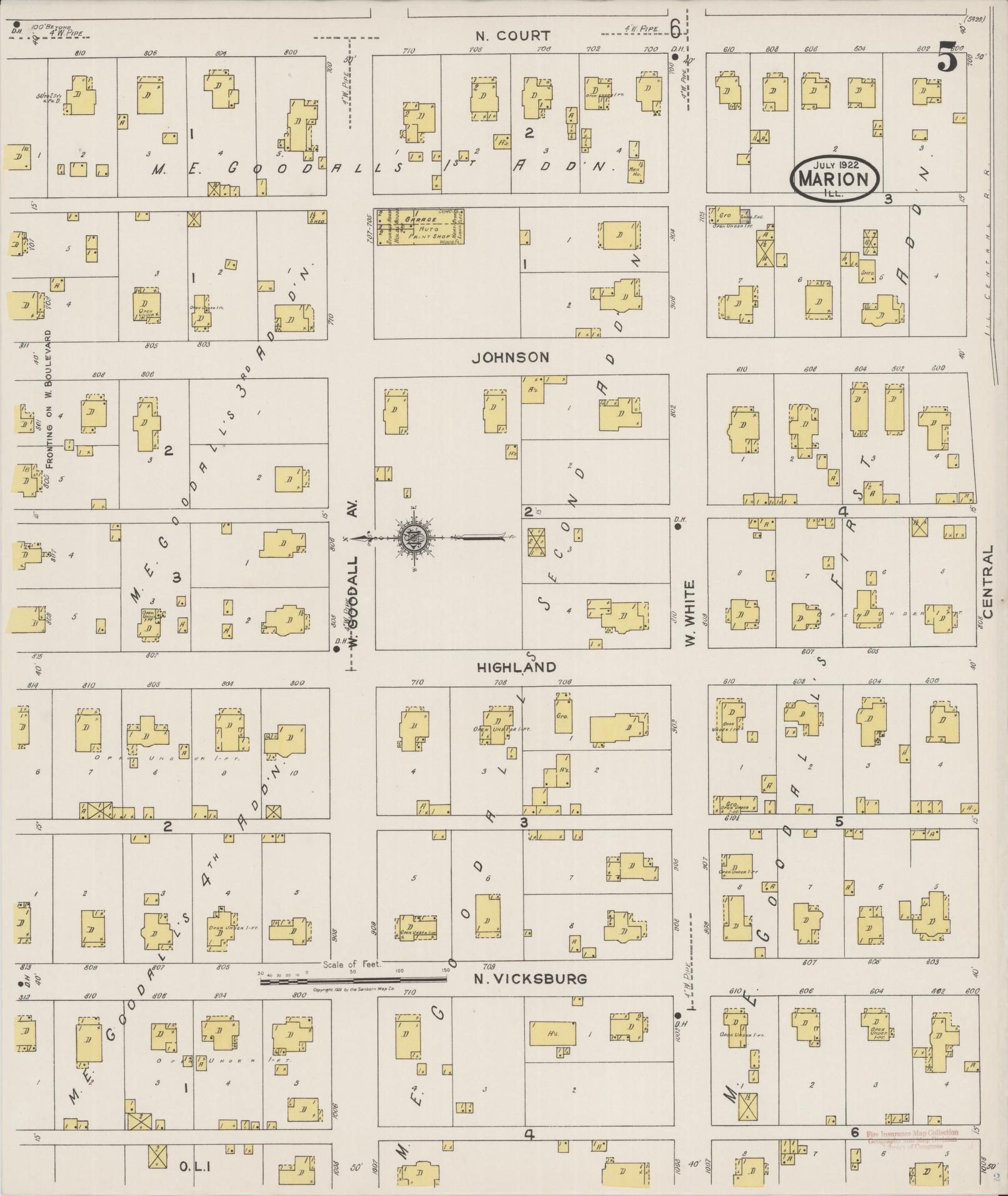 Sanborn Fire Insurance Map from Marion, Williamson County, Illinois (1922), Sheet #0005 - Historic Sanborn Fire Insurance Map Print, vintage old map wall art, antique decor, genealogy gift, Illinois Illinois map