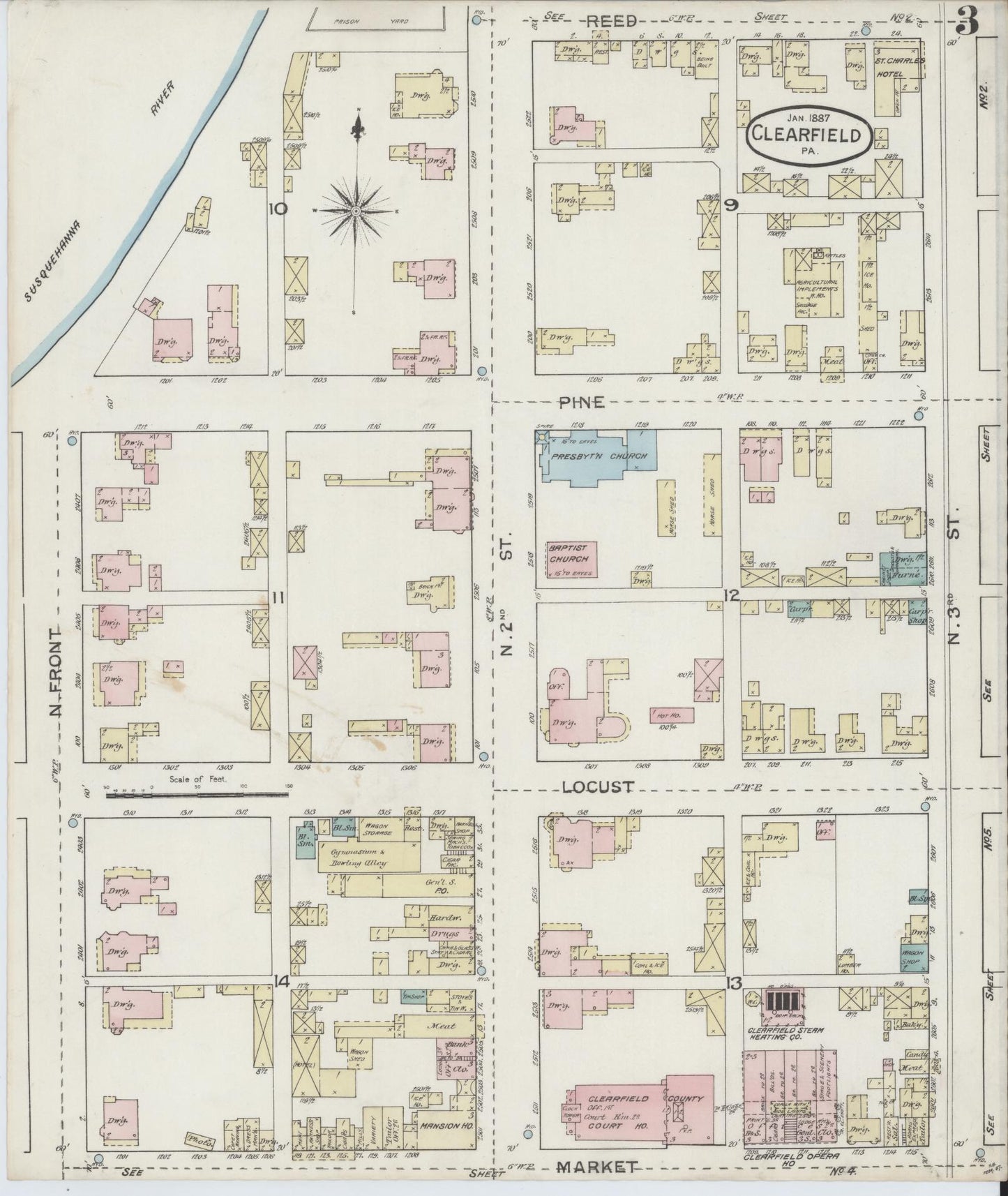 Sanborn Fire Insurance Map from Clearfield, Clearfield County, Pennsylvania (1887), Sheet #0003 - Historic Sanborn Fire Insurance Map Print, vintage old map wall art, antique decor, genealogy gift, Pennsylvania Pennsylvania map