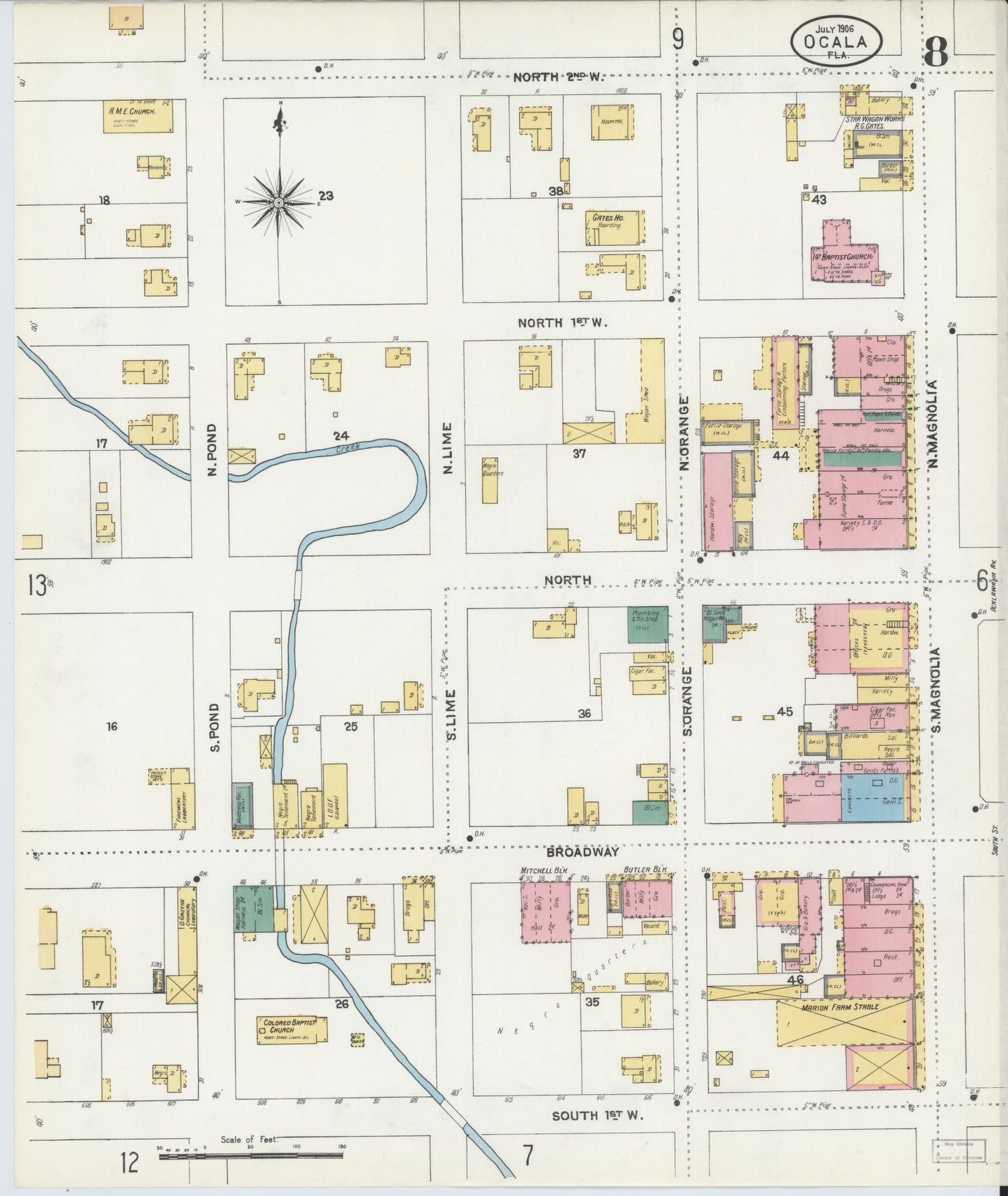 Sanborn Fire Insurance Map from Ocala, Marion County, Florida (1906), Sheet #0008 - Historic Sanborn Fire Insurance Map Print, vintage old map wall art, antique decor, genealogy gift, Florida Florida map