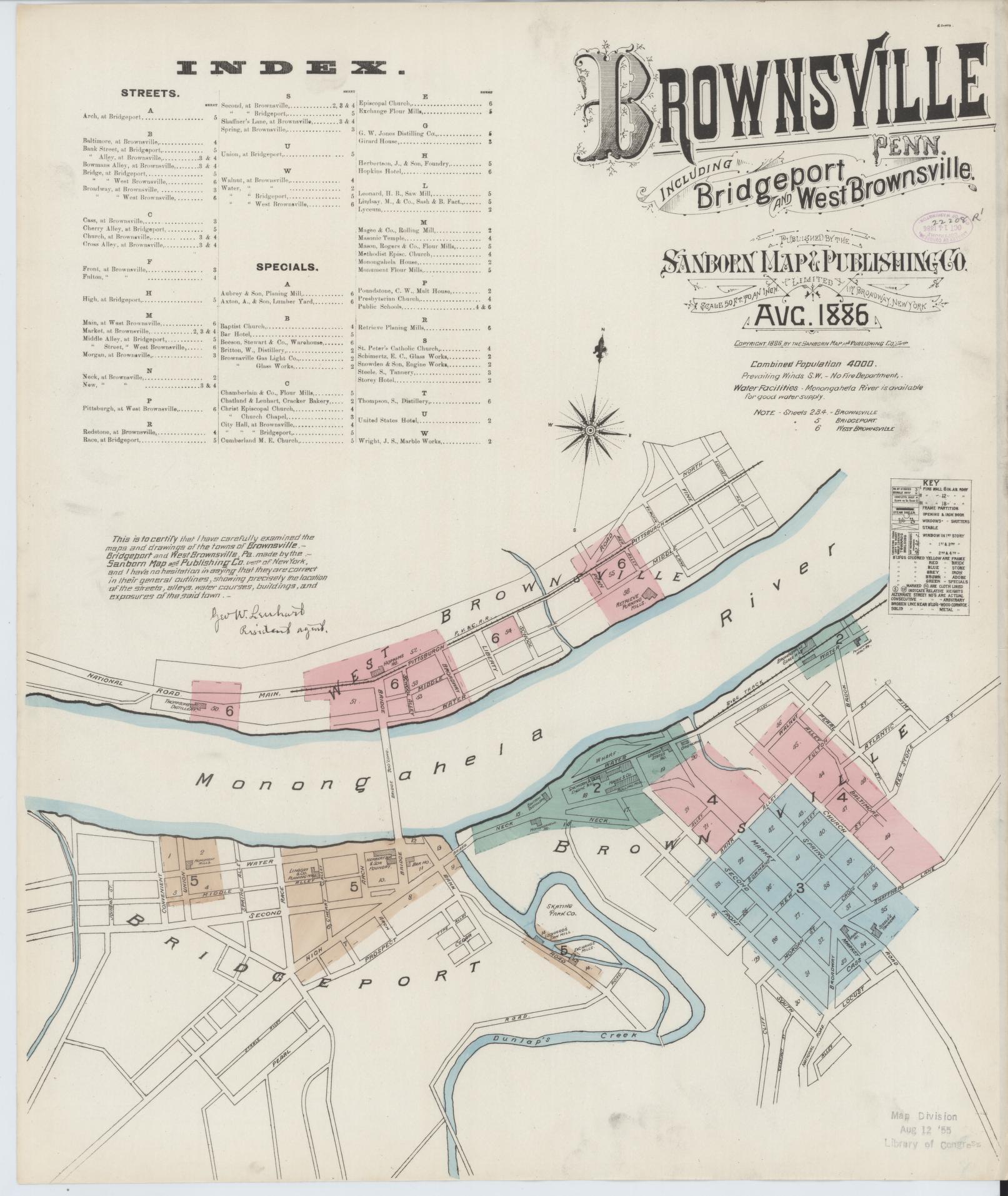 Sanborn Fire Insurance Map from Brownsville, Fayette County, Pennsylvania (1886), Sheet #0001 - Historic Sanborn Fire Insurance Map Print, vintage old map wall art, antique decor, genealogy gift, Pennsylvania Pennsylvania map