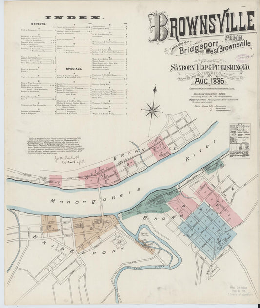 Sanborn Fire Insurance Map from Brownsville, Fayette County, Pennsylvania (1886), Sheet #0001 - Historic Sanborn Fire Insurance Map Print, vintage old map wall art, antique decor, genealogy gift, Pennsylvania Pennsylvania map