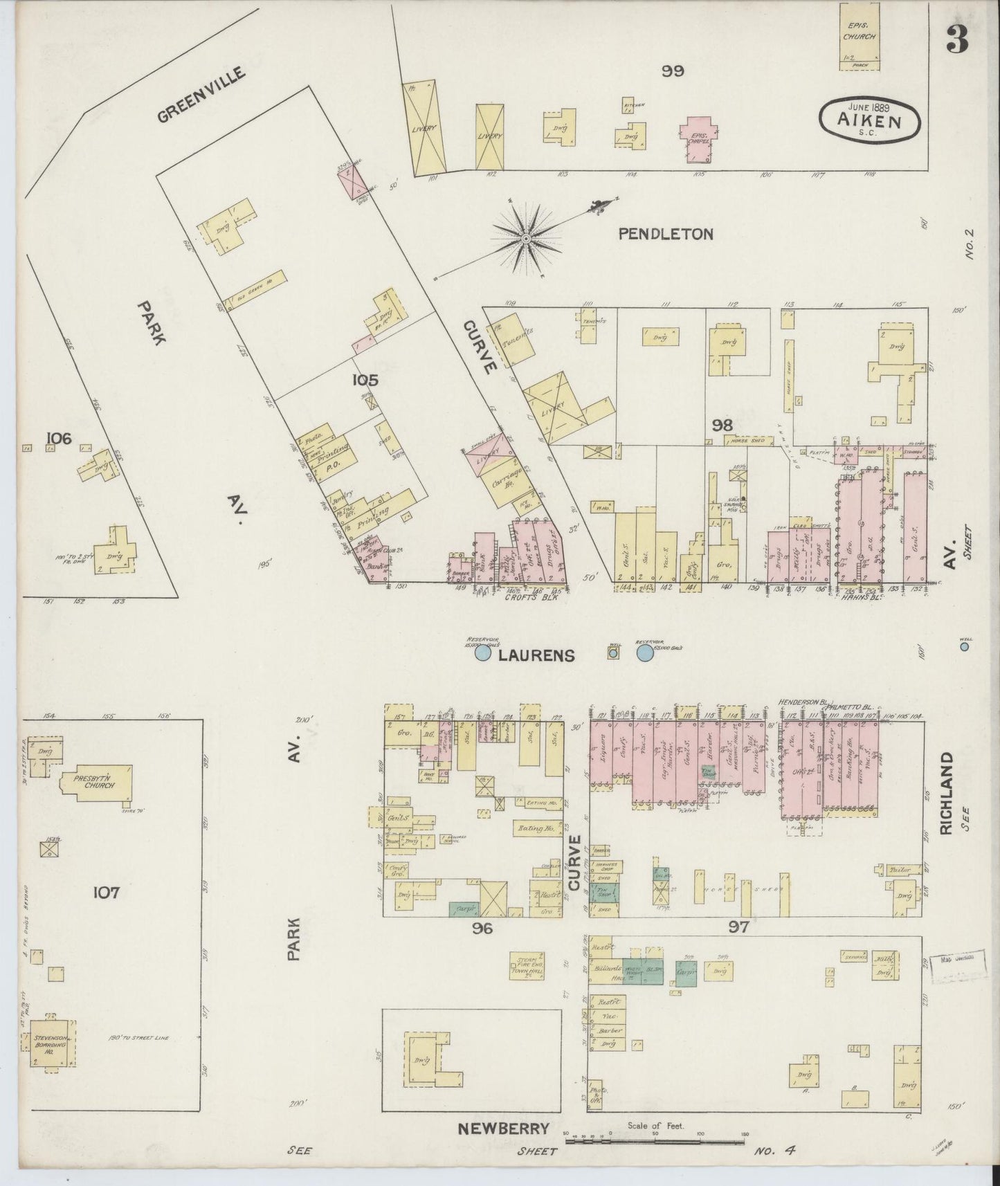 Sanborn Fire Insurance Map from Aiken, Aiken County, South Carolina (1889), Sheet #0003 - Complete Map Set gallery image, historic Sanborn map, vintage wall art, South Carolina South Carolina