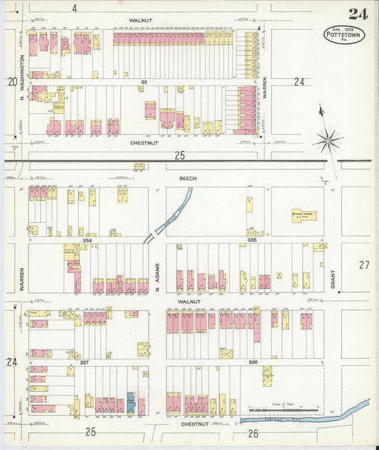Sanborn Fire Insurance Map from Pottstown, Montgomery County, Pennsylvania (1909), Sheet #0024 - Historic Sanborn Fire Insurance Map Print, vintage old map wall art, antique decor, genealogy gift, Pennsylvania Pennsylvania map