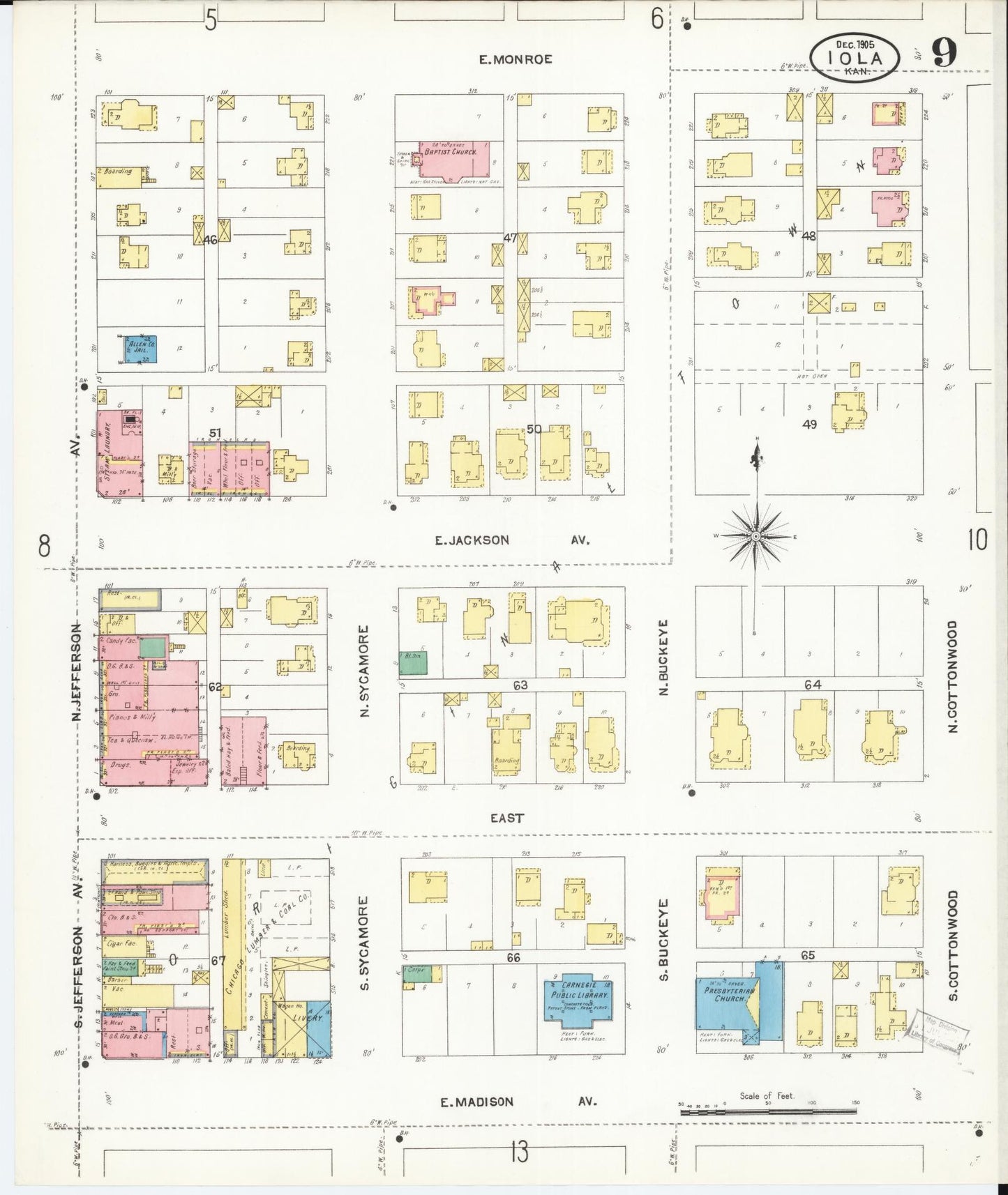 Sanborn Fire Insurance Map from Iola, Allen County, Kansas (1905), Sheet #0009 - Complete Map Set gallery image, historic Sanborn map, vintage wall art, Kansas Kansas