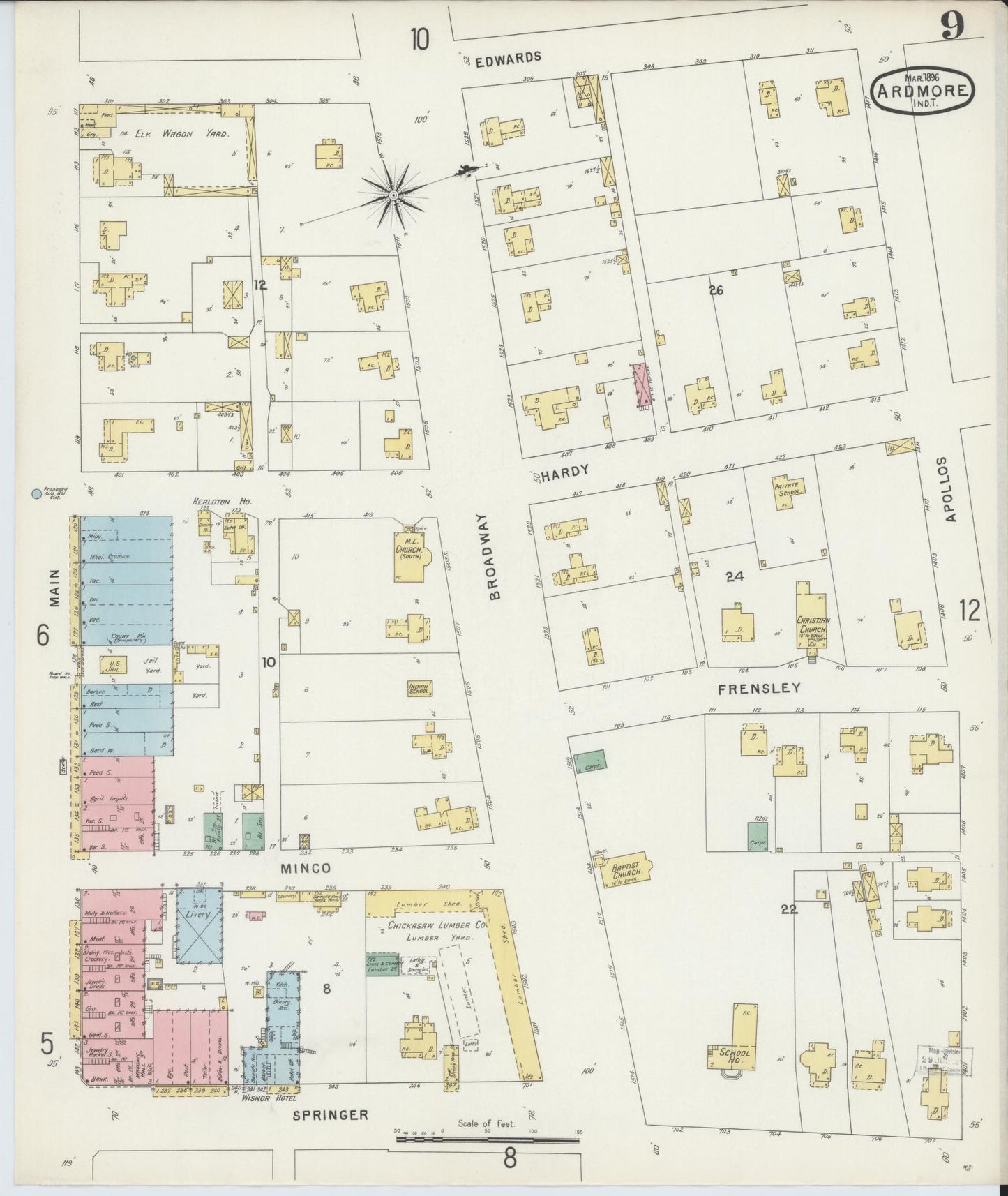 Sanborn Fire Insurance Map from Ardmore, Carter County, Oklahoma (1896), Sheet #0009 - Complete Map Set gallery image, historic Sanborn map, vintage wall art, Oklahoma Oklahoma