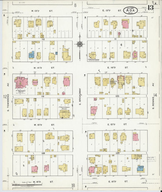 Sanborn Fire Insurance Map from Ada, Pontotoc County, Oklahoma (1920), Sheet #0013 - Historic Sanborn Fire Insurance Map Print, vintage old map wall art, antique decor, genealogy gift, Oklahoma Oklahoma map