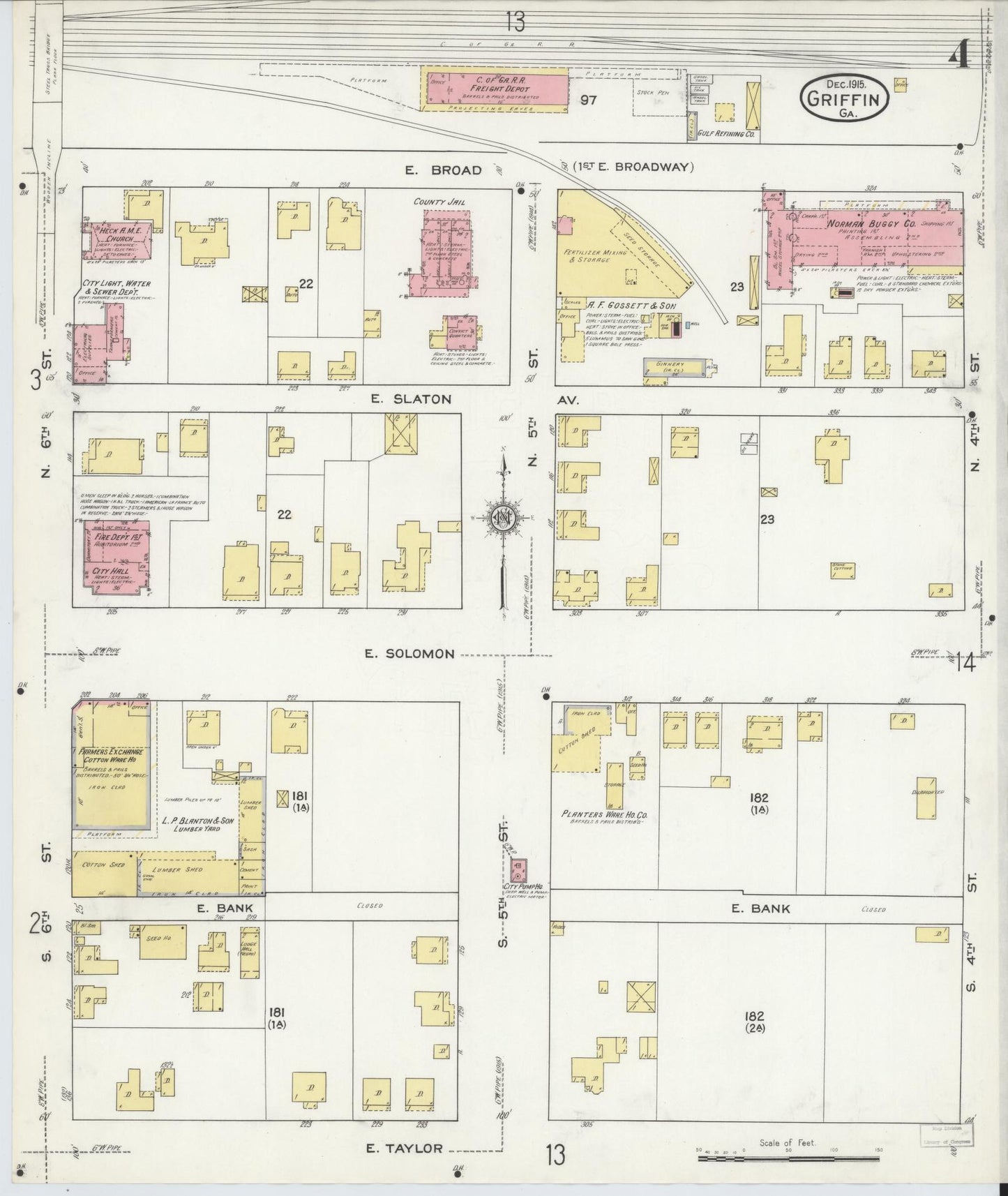 Sanborn Fire Insurance Map from Griffin, Spalding County, Georgia (1915), Sheet #0004 - Historic Sanborn Fire Insurance Map Print, vintage old map wall art, antique decor, genealogy gift, Georgia Georgia map