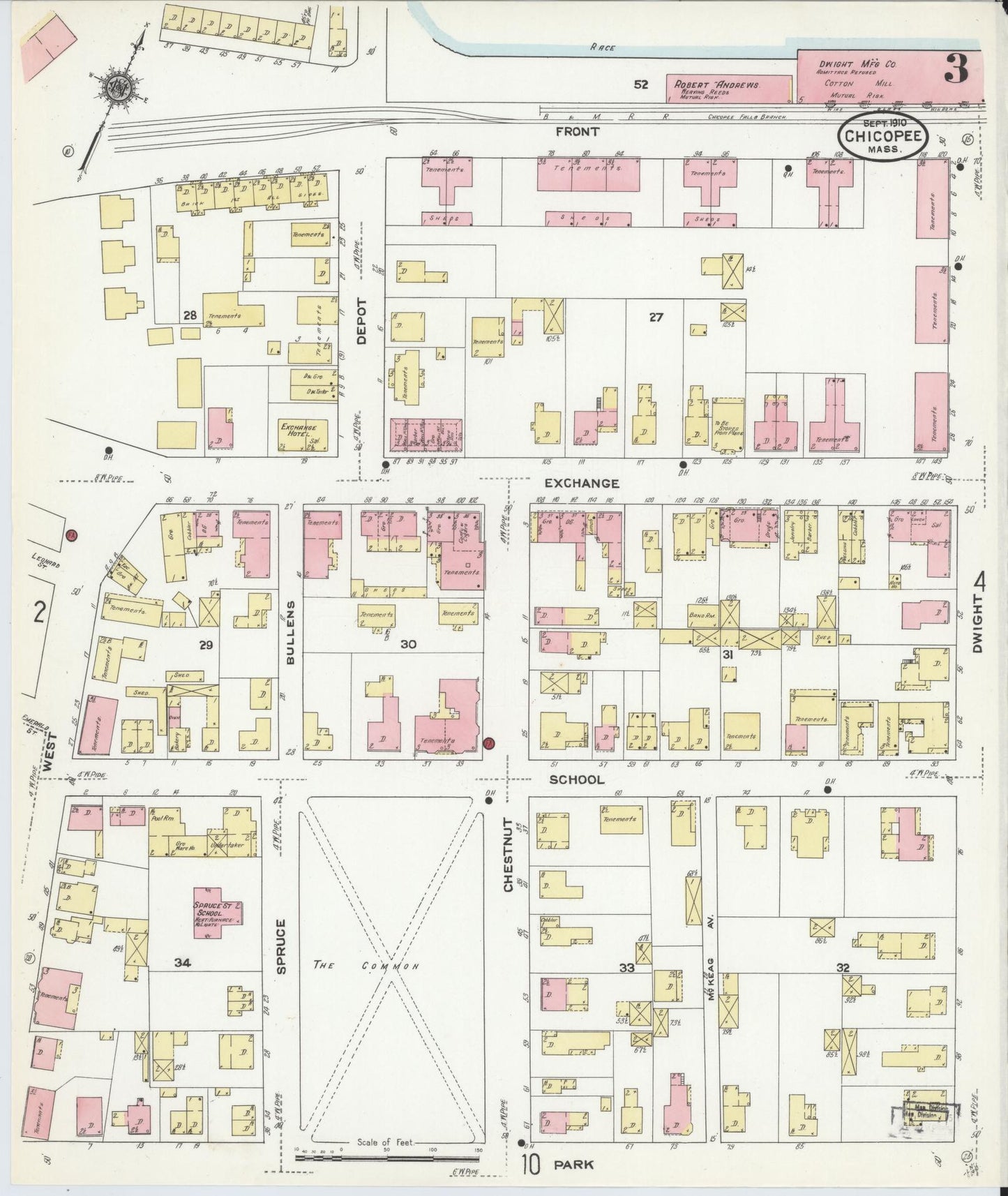 Sanborn Fire Insurance Map from Chicopee, Hampden County, Massachusetts (1910), Sheet #0003 - Historic Sanborn Fire Insurance Map Print, vintage old map wall art, antique decor, genealogy gift, Massachusetts Massachusetts map