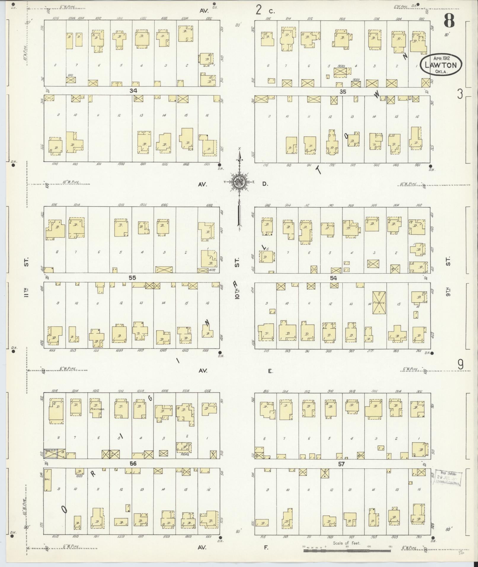 Sanborn Fire Insurance Map from Lawton, Comanche County, Oklahoma (1912), Sheet #0008 - Historic Sanborn Fire Insurance Map Print, vintage old map wall art, antique decor, genealogy gift, Oklahoma Oklahoma map