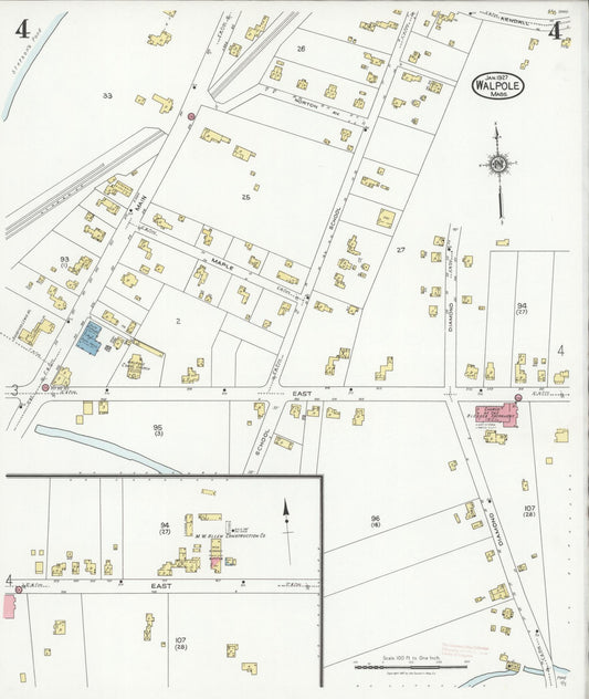 Sanborn Fire Insurance Map from Walpole, Norfolk County, Massachusetts (1927), Sheet #0004 - Historic Sanborn Fire Insurance Map Print, vintage old map wall art, antique decor, genealogy gift, Massachusetts Massachusetts map