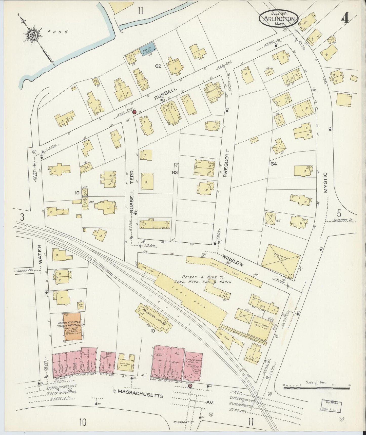 Sanborn Fire Insurance Map from Arlington, Middlesex County, Massachusetts (1914), Sheet #0004 - Historic Sanborn Fire Insurance Map Print, vintage old map wall art, antique decor, genealogy gift, Massachusetts Massachusetts map