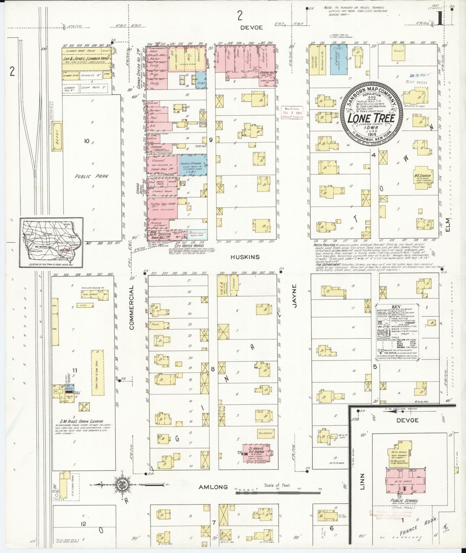 Sanborn Fire Insurance Map from Lone Tree, Johnson County, Iowa (1914), Sheet #0001 - Historic Sanborn Fire Insurance Map Print