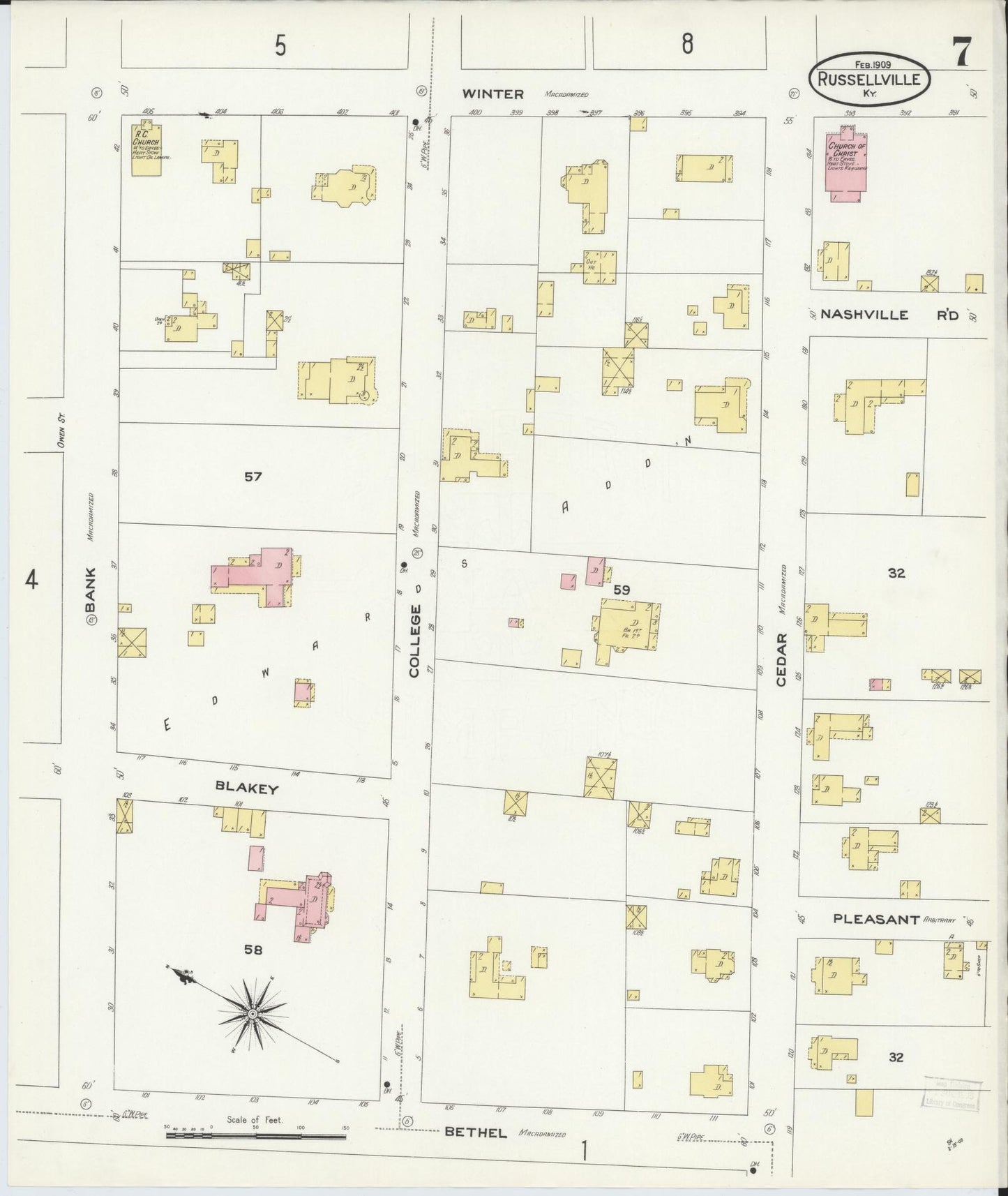 Sanborn Fire Insurance Map from Russellville, Logan County, Kentucky (1909), Sheet #0007 - Complete Map Set gallery image, historic Sanborn map, vintage wall art, Kentucky Kentucky