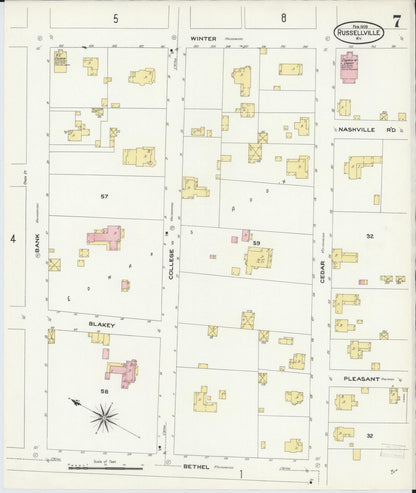 Sanborn Fire Insurance Map from Russellville, Logan County, Kentucky (1909), Sheet #0007 - Complete Map Set gallery image, historic Sanborn map, vintage wall art, Kentucky Kentucky