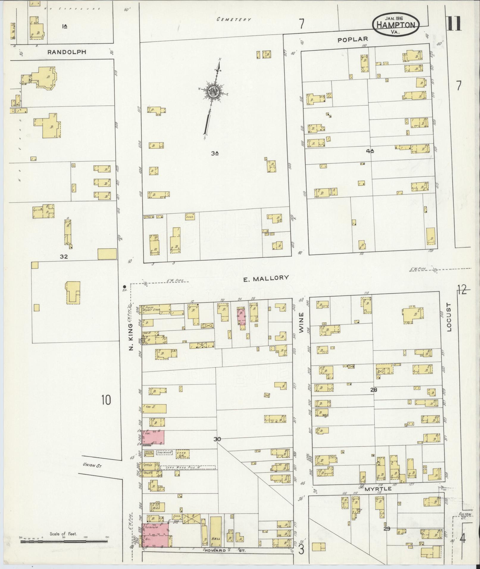 Sanborn Fire Insurance Map from Hampton, Independent Cities, Virginia (1916), Sheet #0011 - Complete Map Set gallery image, historic Sanborn map, vintage wall art, Virginia Virginia